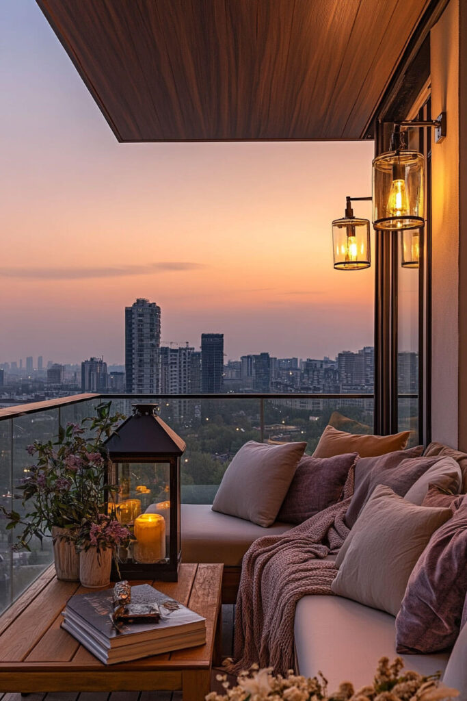 Modern balcony at sunset with cozy sofa, blush pillows, knit blanket, wooden table, lantern candles, flowers, and city skyline backdrop.