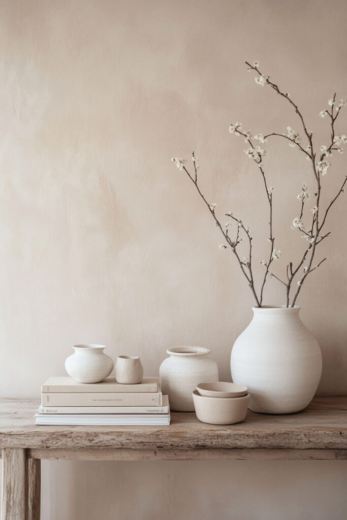Neutral ceramic vessels and flowering branches styled on a rustic wooden console against a warm beige wall