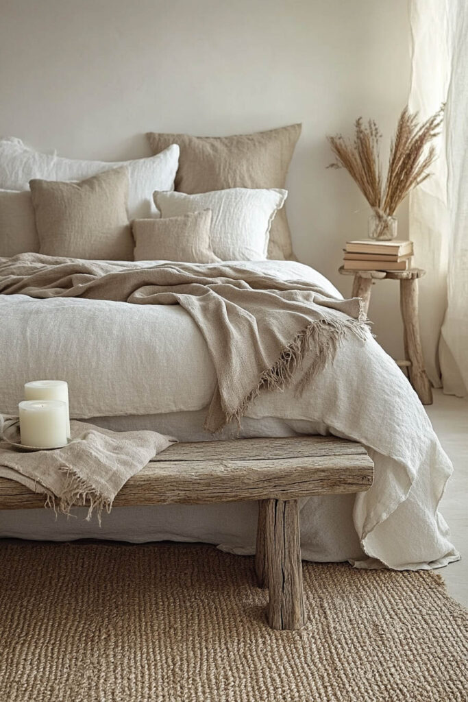 Earthy bedroom styled with layered neutral linen pillows and throws, a raw wood bench at the foot of the bed, and natural accents like pampas grass and candles.