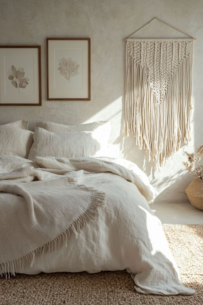 Earthy neutral bedroom featuring soft linen bedding, a textured macrame wall hanging, and framed botanical artwork in a calm, sunlit space.