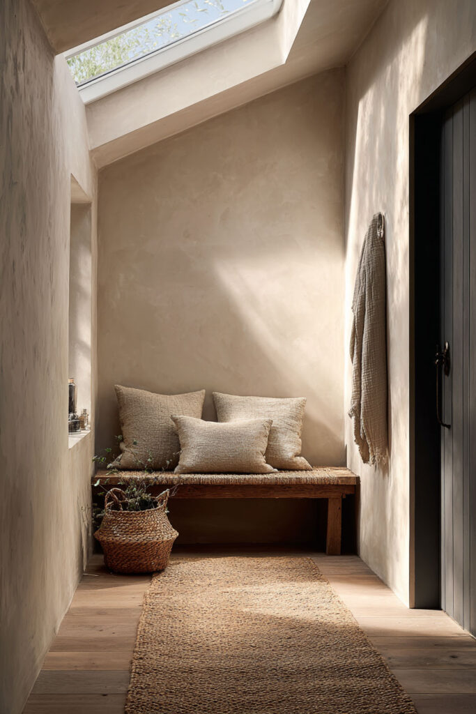 Neutral entryway with a rustic wood bench, textured beige pillows, jute runner, woven basket, and natural light streaming through a skylight, styled with warm organic materials and minimal decor.