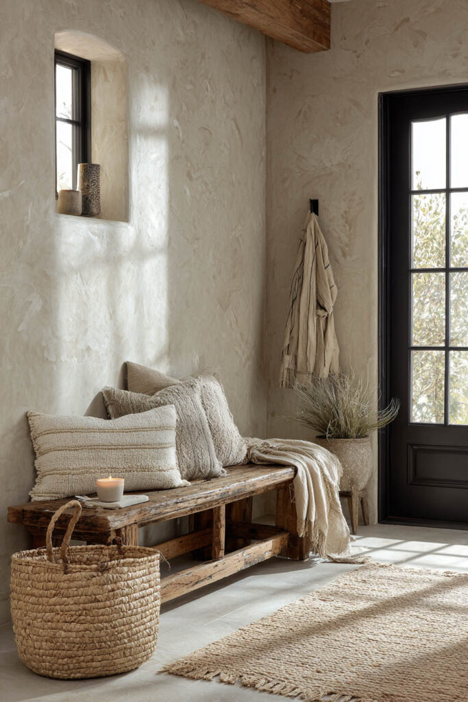 Neutral entryway with a rustic wooden bench layered with textured pillows, woven jute rug, basket decor, and natural light filtering through a black-framed glass door, styled for a cozy organic feel.