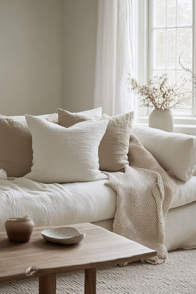 Neutral-toned sofa with layered linen pillows and a chunky knit throw blanket, styled with a natural wood coffee table and dried florals in a ceramic vase.