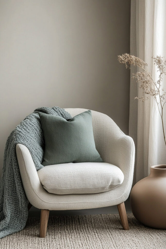 Neutral armchair with a sage green pillow and chunky knit throw, styled beside a clay vase with dried florals and soft natural light.