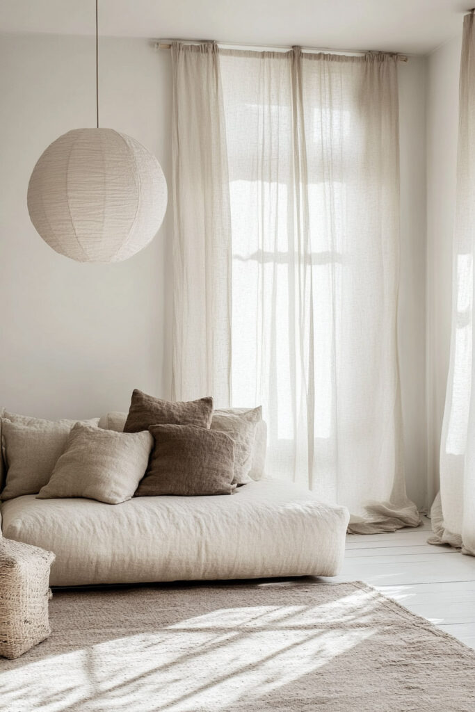 Scandinavian minimalist living room with low-profile beige sofa, layered brown throw pillows, sheer linen curtains, and paper lantern pendant light