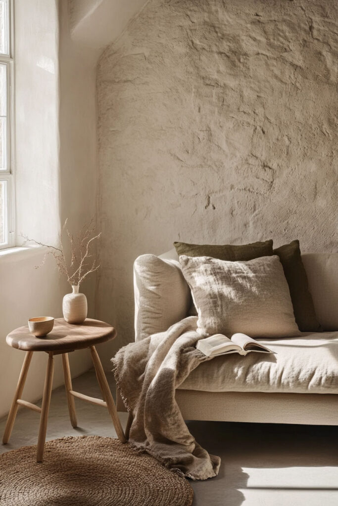 Cozy neutral living room corner with textured linen pillows, a soft beige throw blanket, and sunlight casting shadows on a rustic plaster wall.