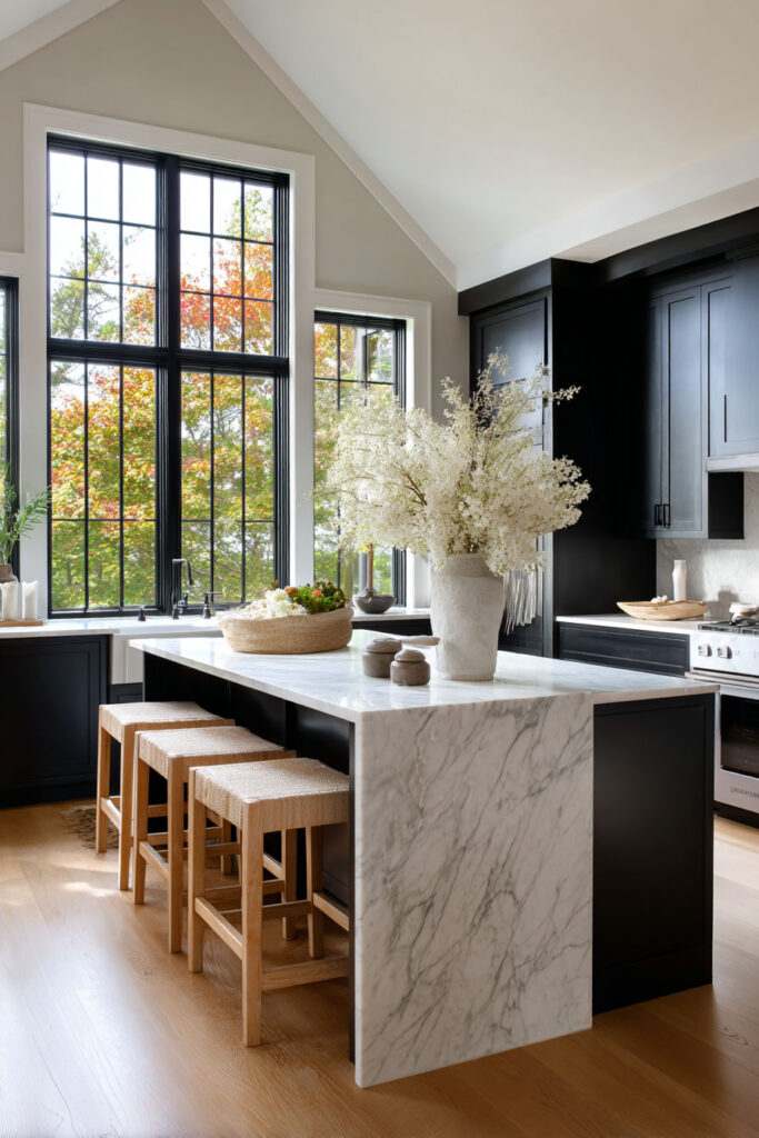 Airy kitchen with vaulted ceilings, matte black cabinets, a marble waterfall island, tall black-trimmed windows, and natural wood flooring.