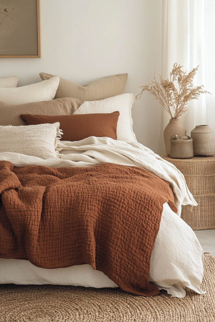 Cozy bedroom with layered rust and neutral bedding, earthy throw pillows, a woven rug, and ceramic decor on a wicker nightstand.