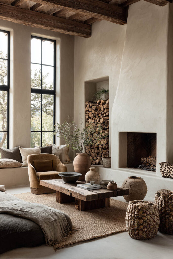 Warm earthy living room with rustic fireplace, stacked firewood, wooden coffee table, woven baskets, and natural textured decor in neutral tones.