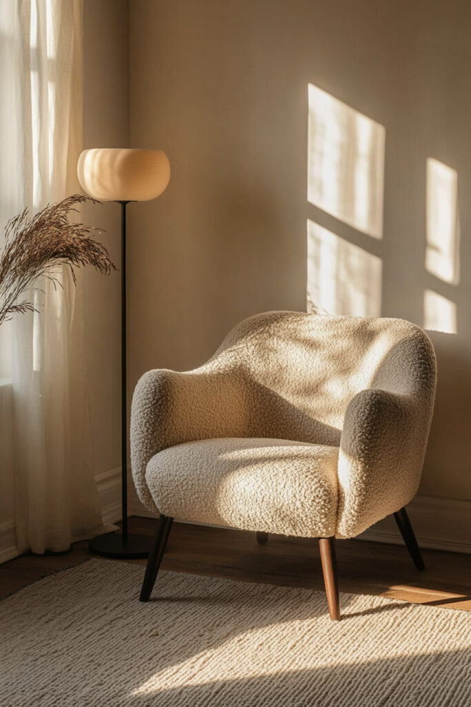Curved boucle armchair in soft natural light with shadows on the wall, styled beside a tall floor lamp and dried grasses on a neutral rug.