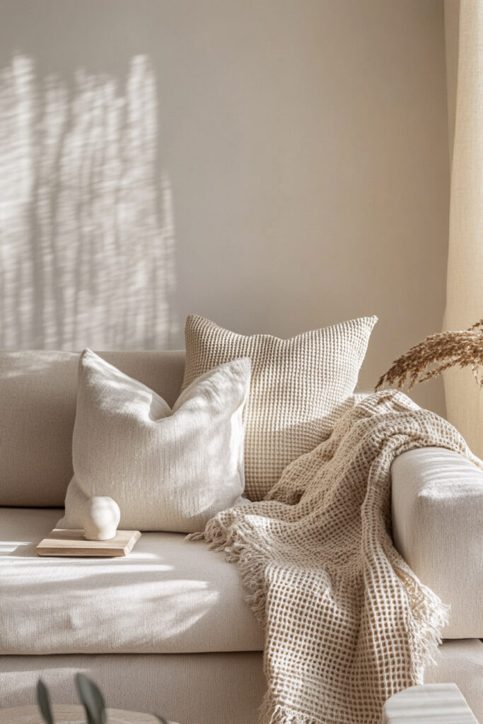 Close-up of a beige sofa styled with soft textured pillows and a waffle-knit throw blanket, with warm natural light casting shadows on the wall.