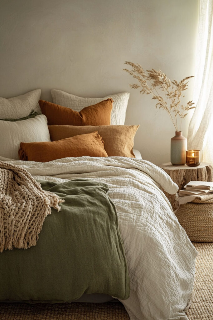 Earthy bedroom with layered bedding in olive green, rust, and cream tones, styled with natural textiles, a wood stump nightstand, and dried grasses.