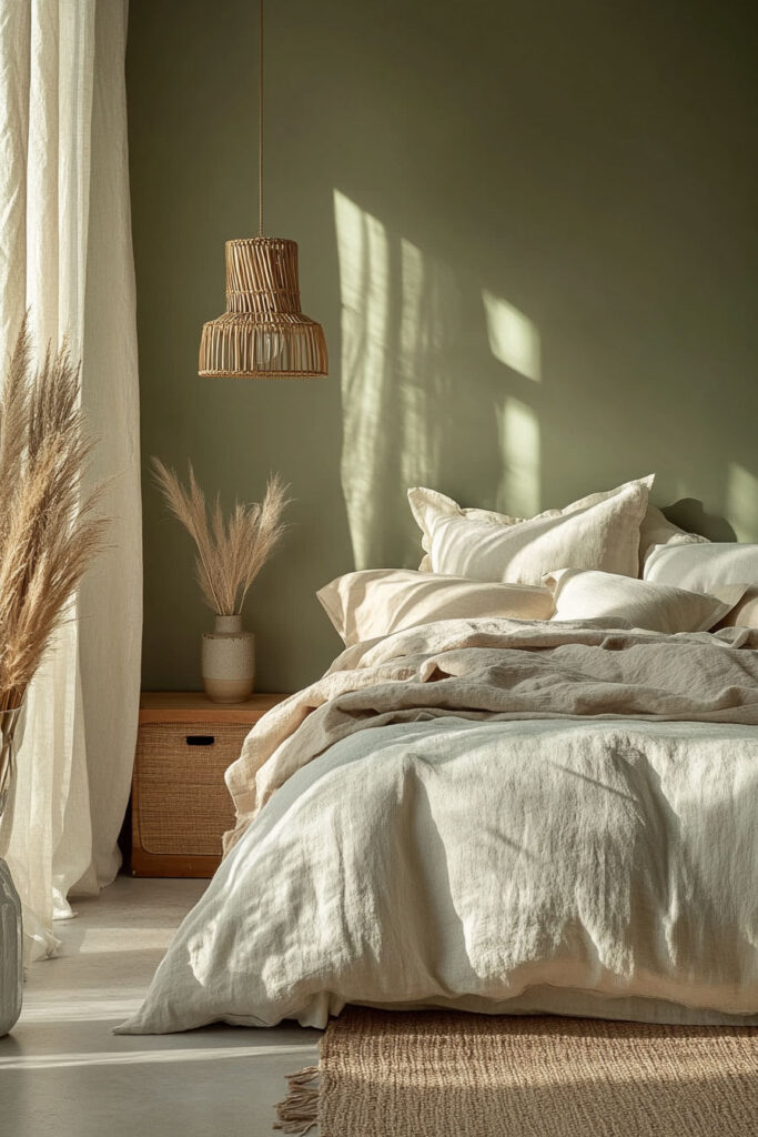 Earthy bedroom featuring sage green walls, layered natural linen bedding, a woven rattan pendant light, and pampas grass by the window.