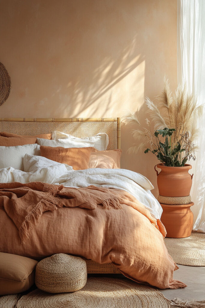 Earthy bedroom featuring terracotta-toned linen bedding, white sheets, a rattan headboard, and pampas grass in stacked terracotta pots with sunlight filtering through sheer curtains.