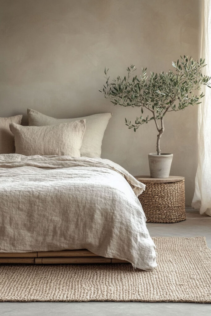 Earthy bedroom with textured linen bedding, woven storage basket nightstand, and potted olive tree in soft natural light