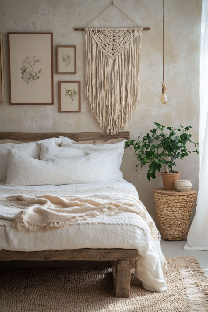 Boho-inspired earthy bedroom featuring a large macrame wall hanging, framed botanical prints, natural wood bed, and cozy neutral linens.