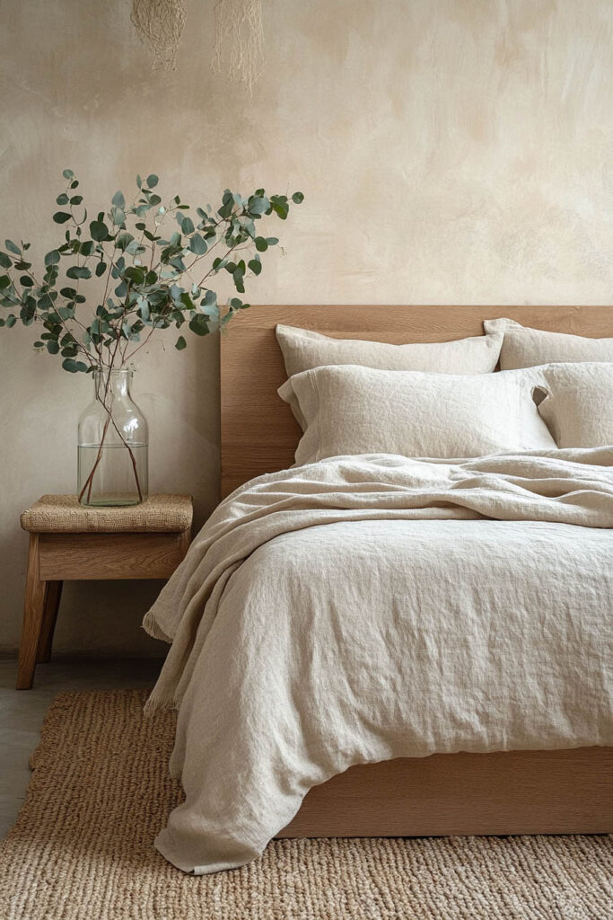 Earthy neutral bedroom featuring a light wood bed frame, soft linen bedding, eucalyptus branches in a clear vase, and woven textures.