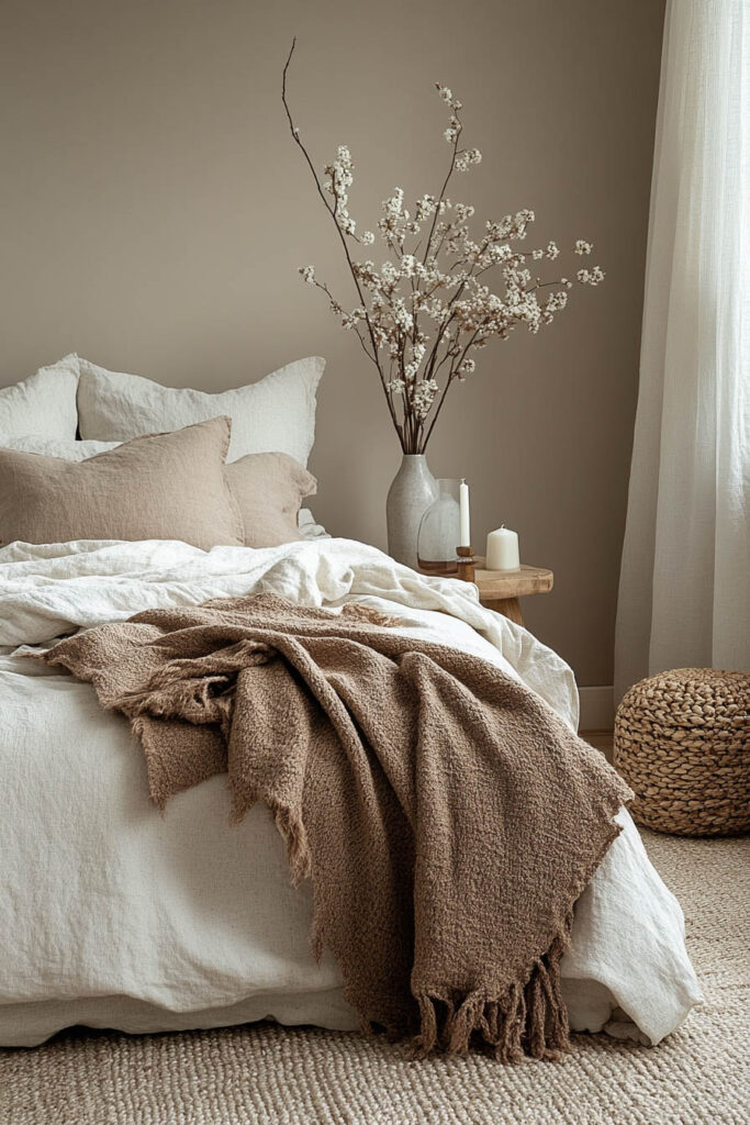 Earthy bedroom with soft white and beige linen bedding, a textured brown throw blanket, a ceramic vase with delicate white branches, and warm neutral wall color.