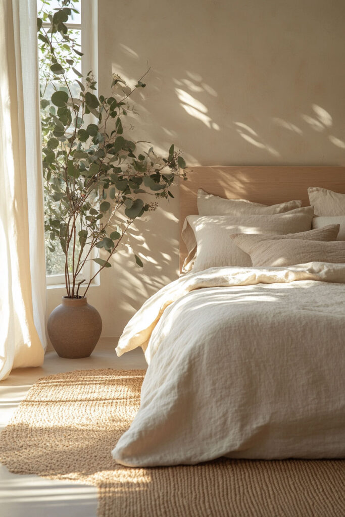 Earthy bedroom featuring sage green walls, layered natural linen bedding, a woven rattan pendant light, and pampas grass by the window.
