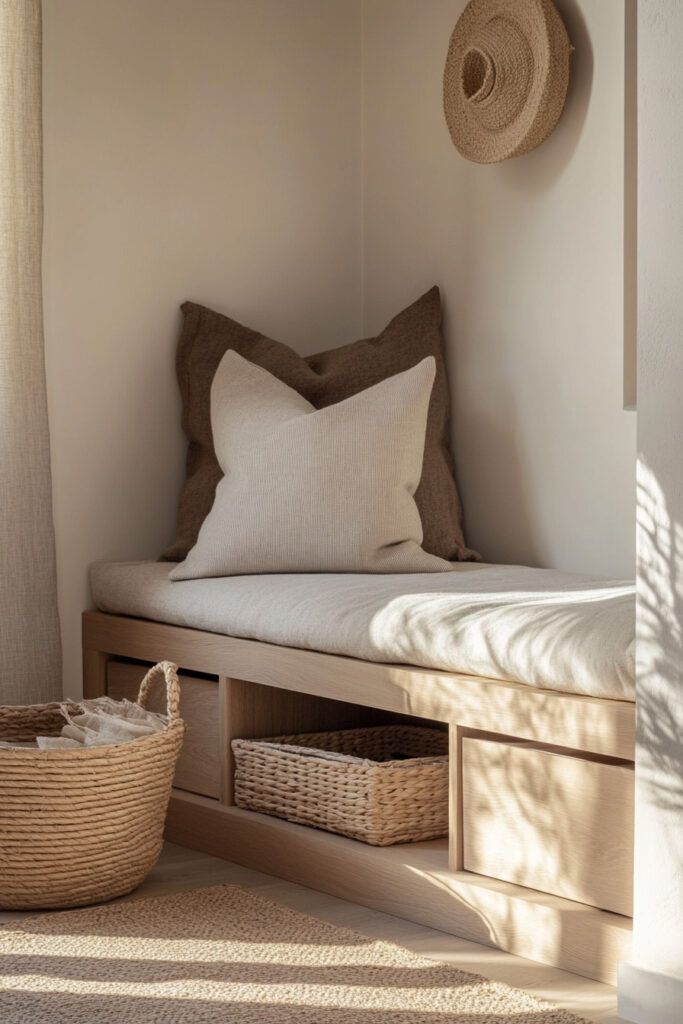 Minimalist wooden bench with soft beige cushion, earthy-toned pillows, woven wall basket, and storage baskets underneath.