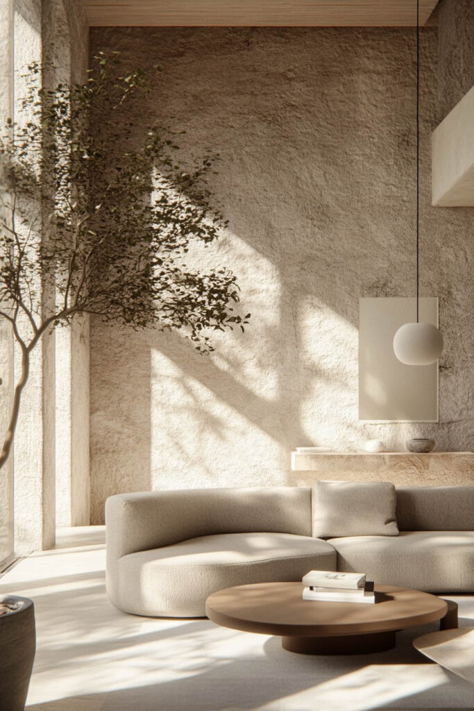 Neutral minimalist living room with curved beige sofa, textured stone walls, round wood coffee table, and tall indoor tree bathed in natural light.