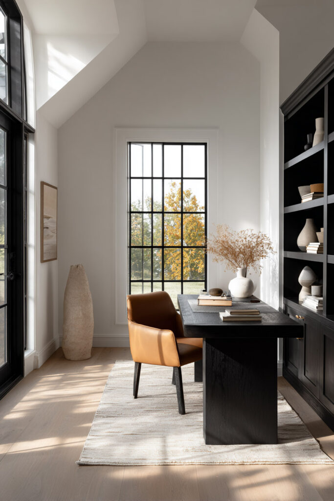 Modern home office with a black wood desk, tan leather chair, vaulted ceilings, large black-trimmed windows, and built-in black shelving.