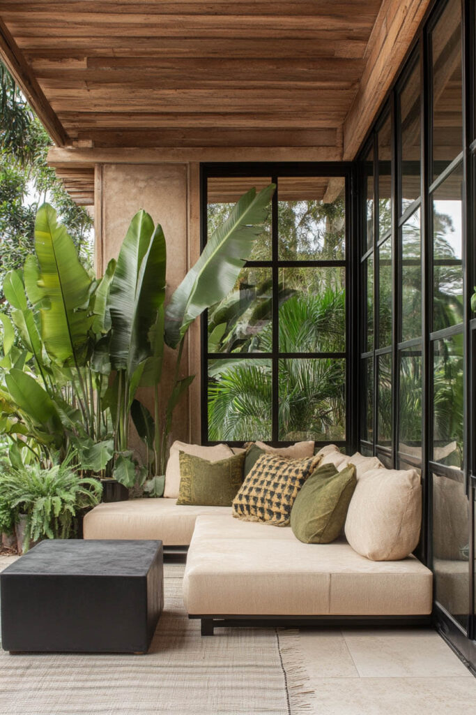 Modern tropical balcony with beige sectional sofa, green throw pillows, black coffee table, large tropical plants, wood ceiling, and black-framed windows.