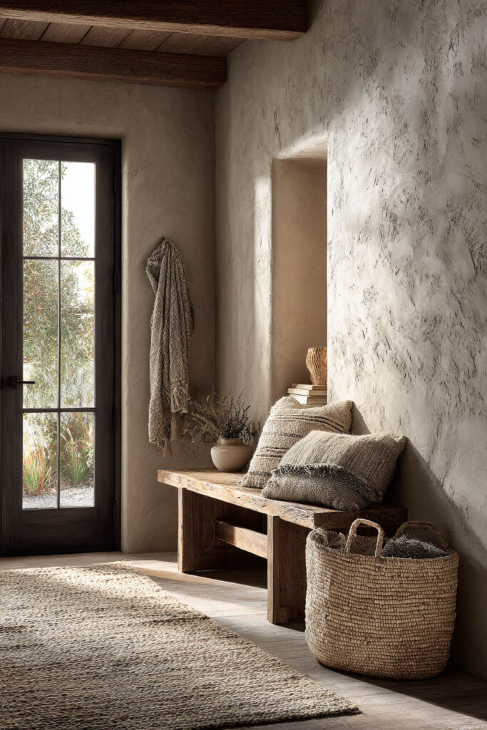 Neutral entryway with rustic wood bench layered with textured pillows, woven basket, natural jute rug, and textured plaster walls, softly lit by daylight through a black-framed glass door.