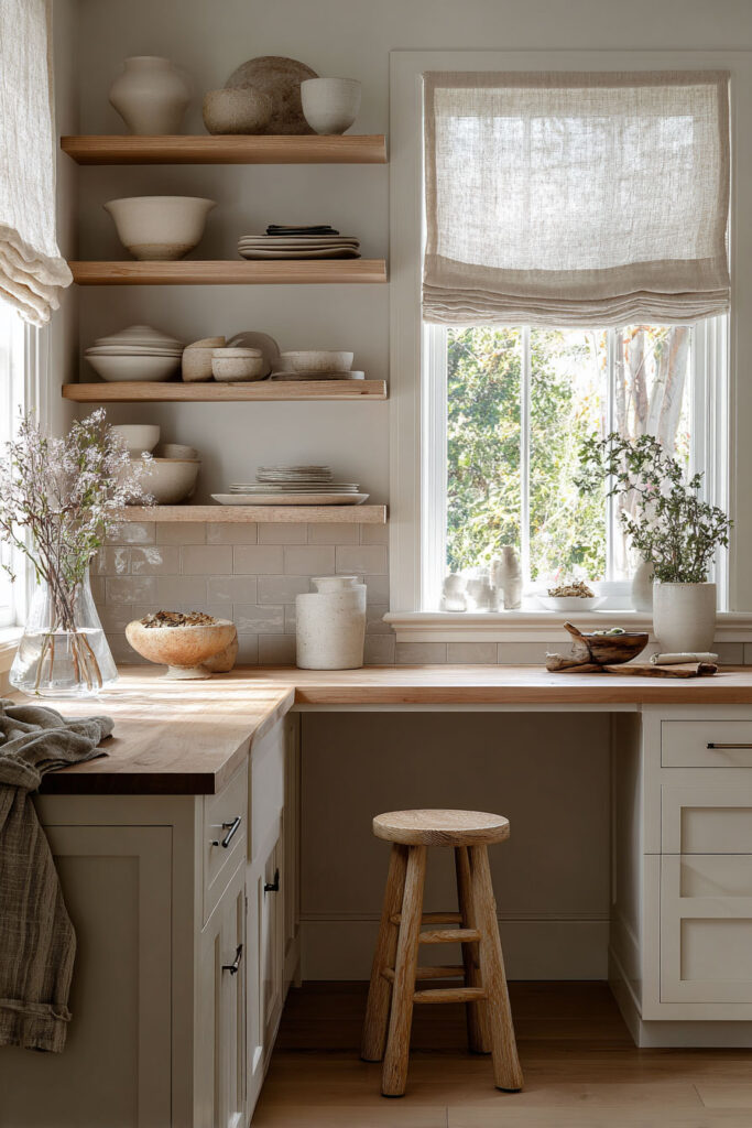 Neutral kitchen featuring natural wood countertops, open wood shelves styled with handmade ceramics, soft linen roman shades, and warm natural light filling the space for a cozy organic feel.