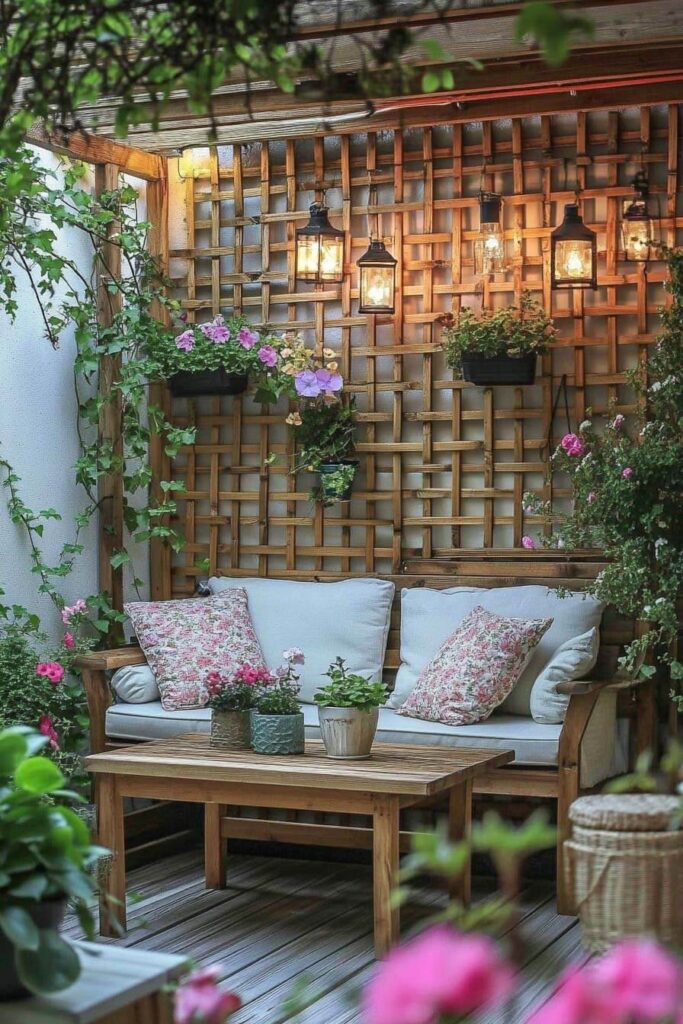 Romantic cozy balcony with wooden lattice wall, floral cushions, hanging flower baskets, lantern lights, and blooming pink flowers