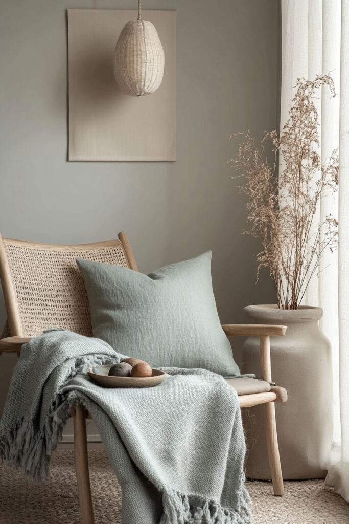 Light wood accent chair with sage green pillow and throw, styled with natural ceramics, dried florals, and soft minimalist lighting.