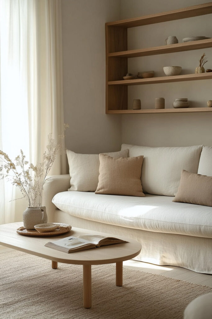 Scandinavian living room with a soft cream sofa, neutral throw pillows, light wood coffee table, and built-in open shelving with minimalist pottery.