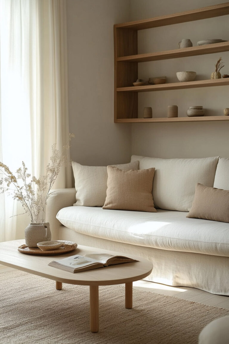 Scandinavian living room with a soft cream sofa, neutral throw pillows, light wood coffee table, and built-in open shelving with minimalist pottery.