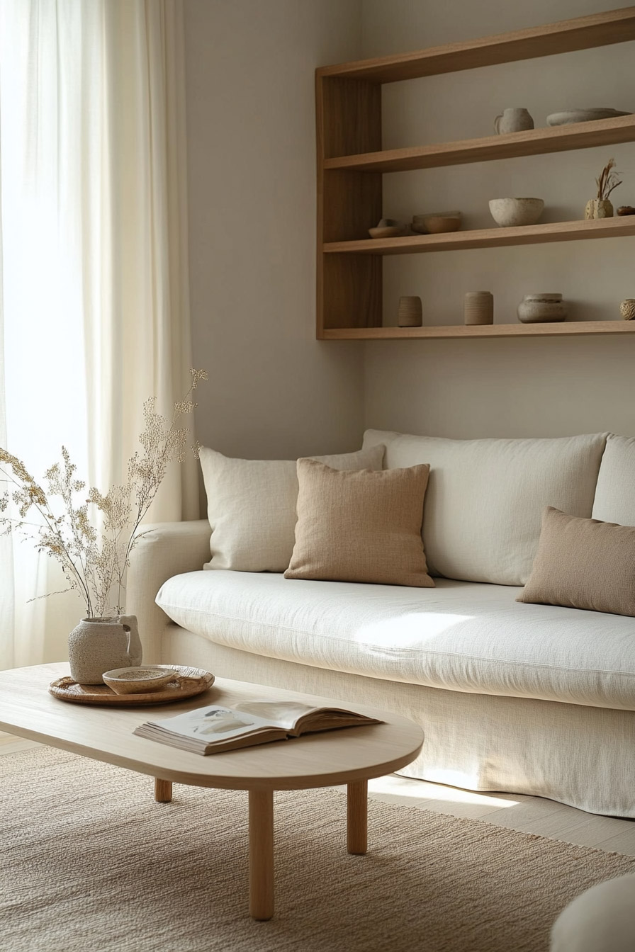 Scandinavian living room with a soft cream sofa, neutral throw pillows, light wood coffee table, and built-in open shelving with minimalist pottery.