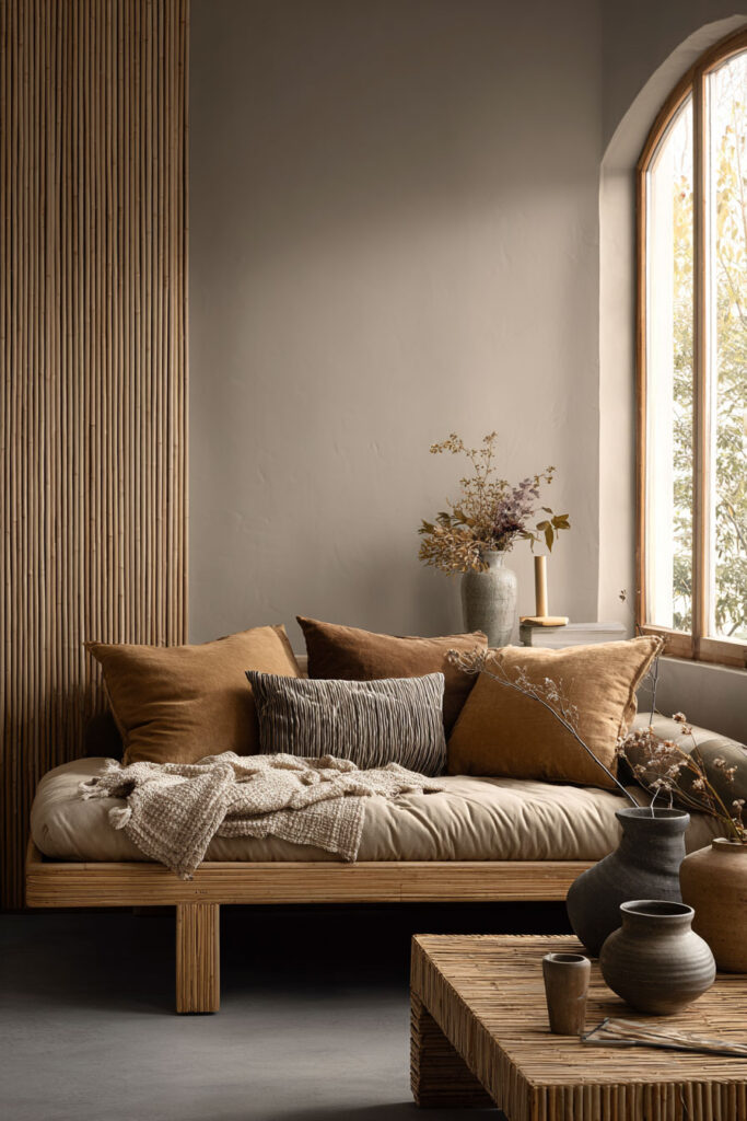 Warm earthy sitting nook with natural wood furniture, neutral throw pillows, textured blankets, and rustic pottery decor beside a large window.