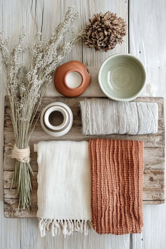 Flat lay of earthy bedroom color samples including terracotta and cream linen fabrics, ceramic vases, dried flowers, and soft green pottery on a rustic wood background.