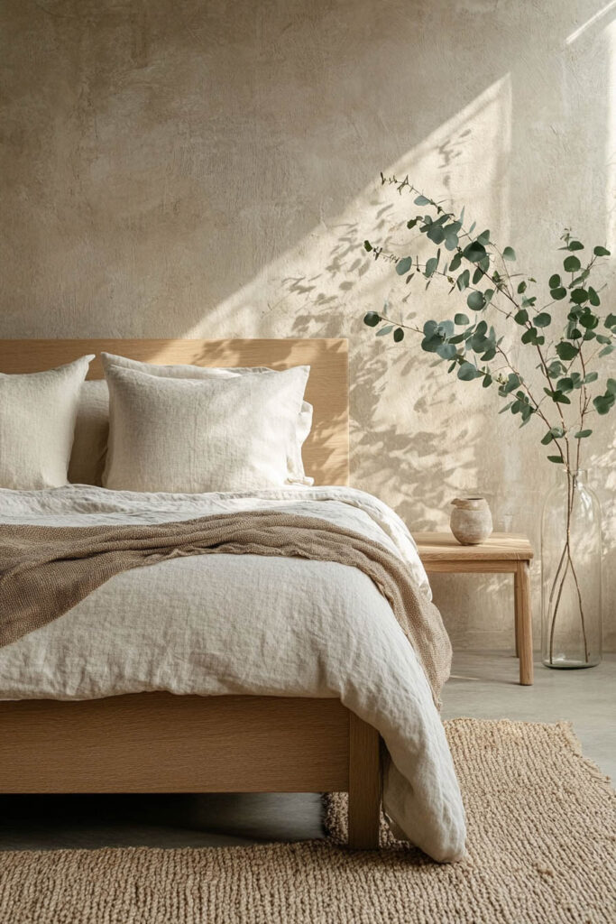 Earthy bedroom with a light wood bed frame, linen bedding, and a tall eucalyptus branch casting natural shadows on a textured wall.