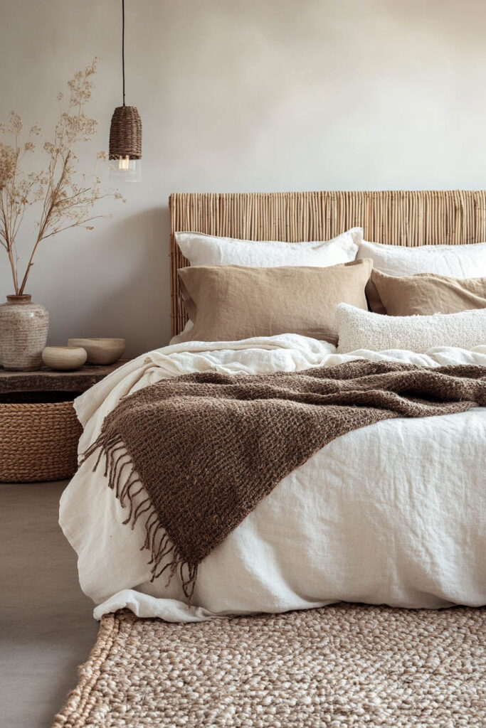 Earthy bedroom with a rattan headboard, neutral linen bedding, brown knit throw, natural pottery, and a hanging wicker pendant light against a soft-toned wall