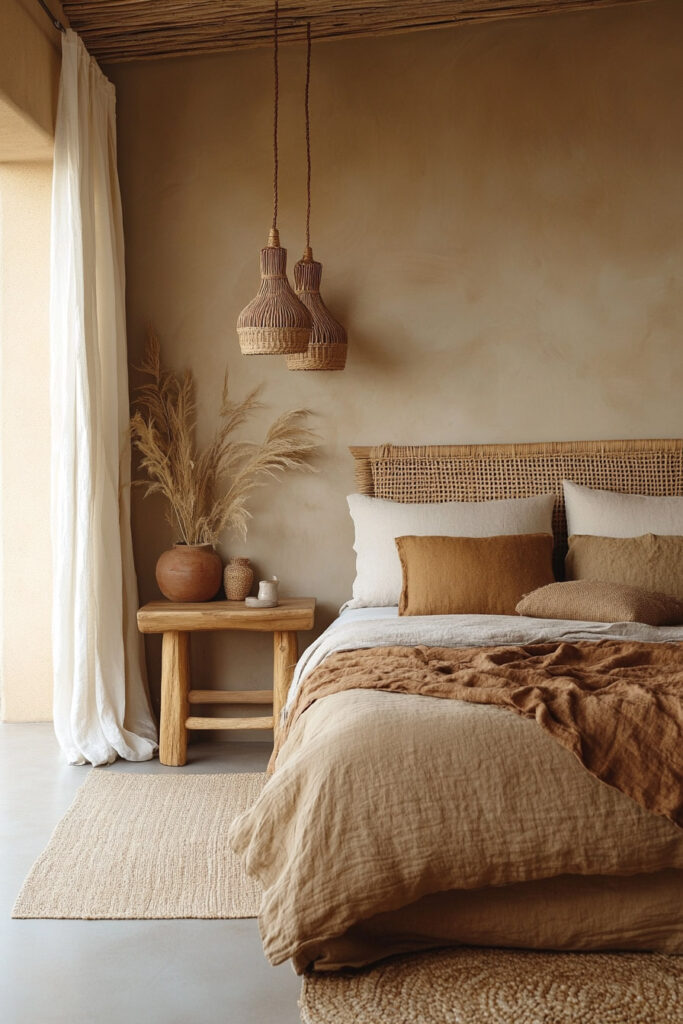 Earthy bedroom with warm-toned linen bedding, rattan pendant lights, a woven headboard, natural wood furniture, and dried pampas grass in a terracotta vase.