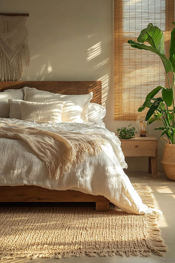 Earthy bedroom featuring a solid wood bed, woven blinds, macramé wall hanging, and natural light highlighting linen bedding and greenery
