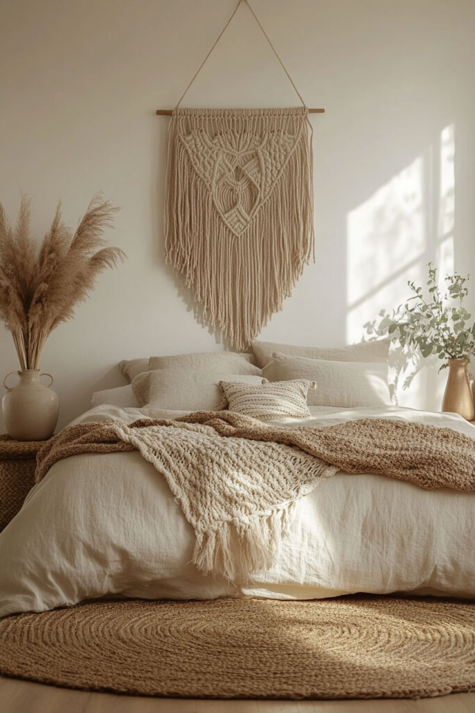Earthy boho bedroom featuring a large macrame wall hanging, neutral bedding, pampas grass, and soft natural light.