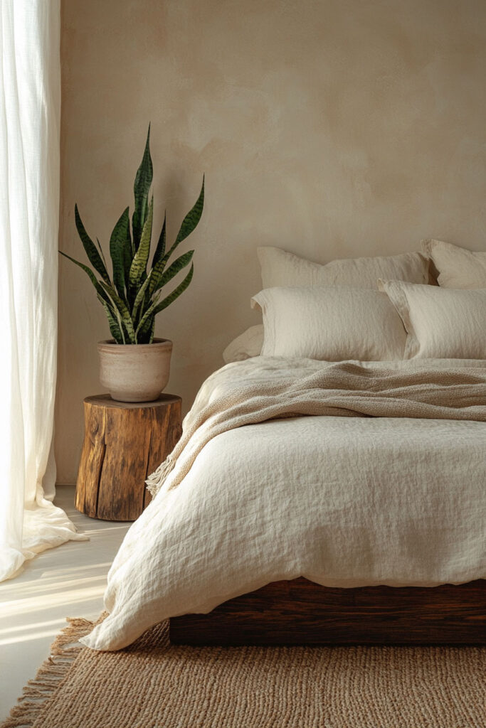 Earthy bedroom with cream linen bedding, a snake plant in a clay pot on a rustic wood stump, and woven rug in soft morning light.