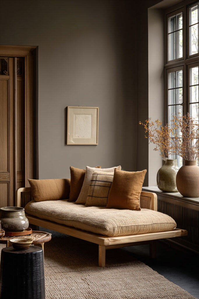 Warm sitting nook featuring a wooden daybed with neutral textured cushions, earthy throw pillows, rustic pottery, and natural decor by a large window.