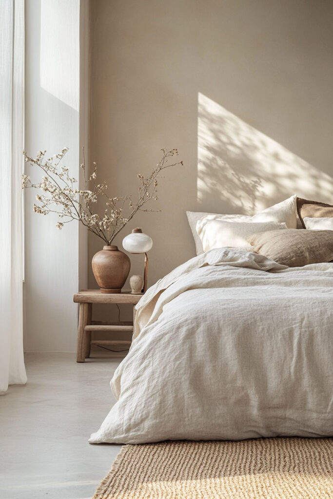 Neutral bedroom with soft natural light, linen bedding in cream and tan, a wooden bench nightstand, and a terracotta vase with dried branches.
