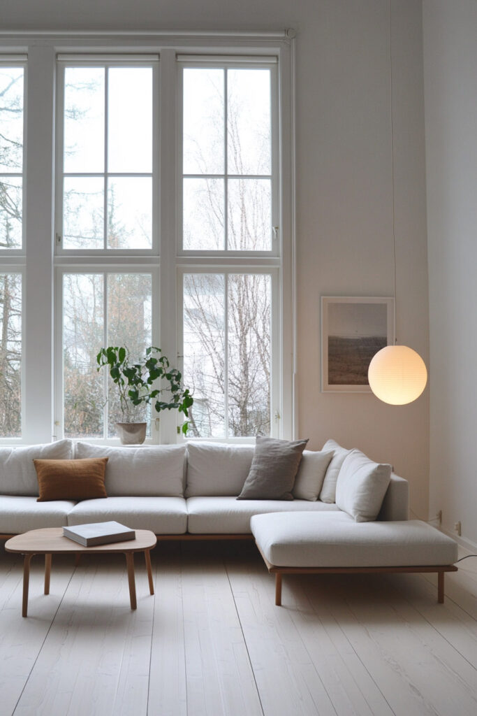 Bright living room with tall grid windows, a modern white sectional sofa, neutral throw pillows, a paper lantern pendant light, and a wooden coffee table.