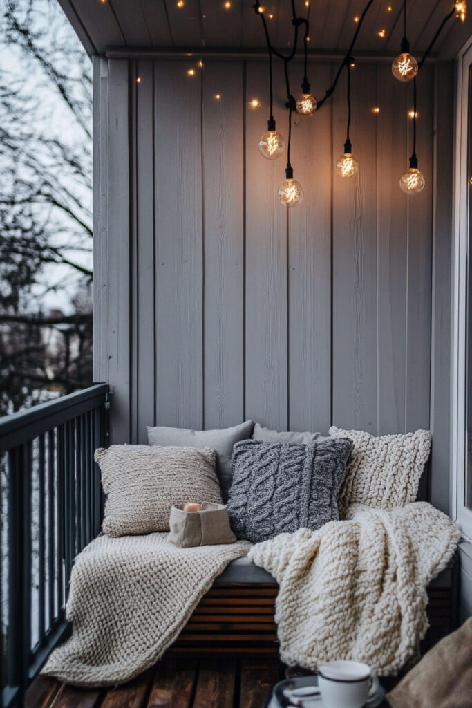 Modern balcony with knit pillows and blankets, string lights, Edison bulbs, gray paneled walls, candle, and cozy winter atmosphere.