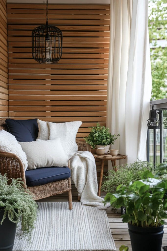 Elegant cozy balcony with wicker chair, navy and cream cushions, wooden slat privacy wall, hanging lantern, potted plants, and white curtains.