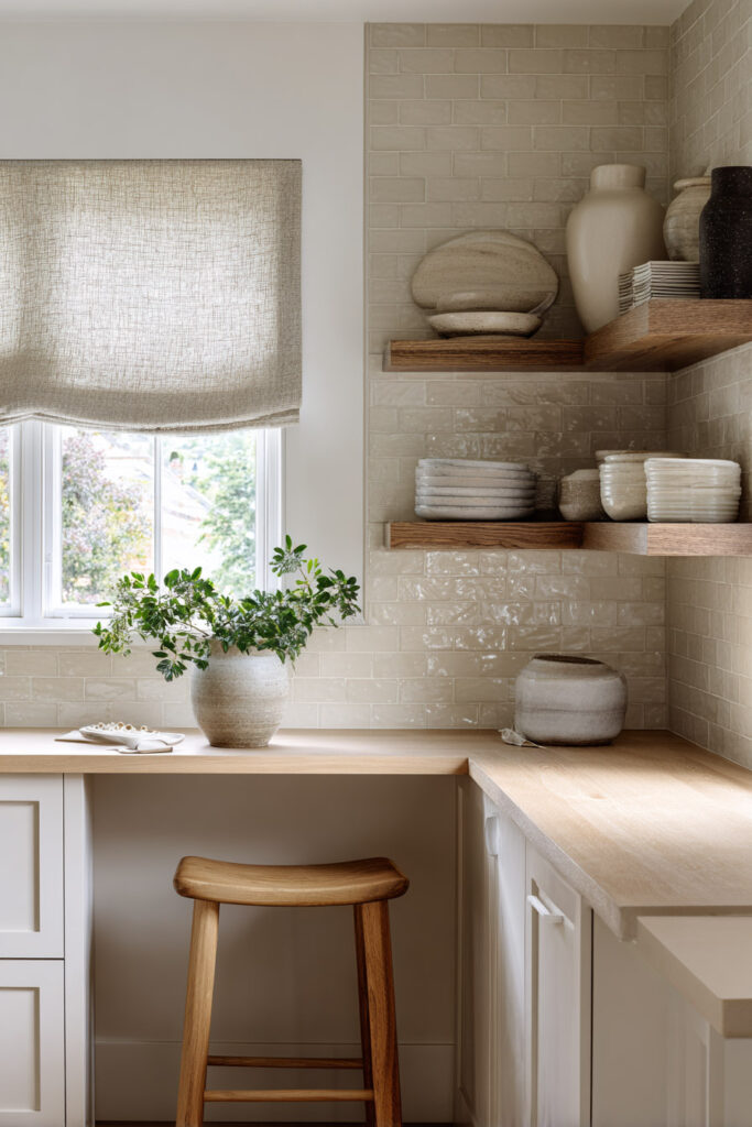 Neutral kitchen with open wood shelves displaying ceramic dishes, warm wood countertops, textured subway tile backsplash, and natural light illuminating the space for a calm, organic look.