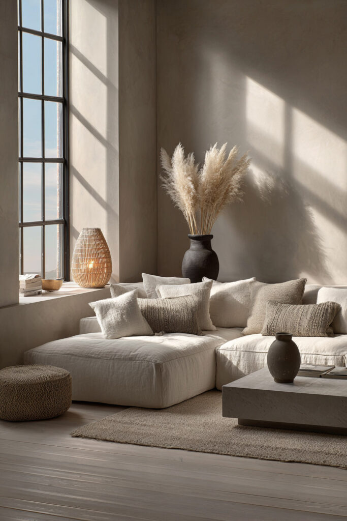 Neutral living room with a low white sectional sofa layered with textured pillows, pampas grass in a black vase, rattan lantern, and natural light streaming through tall grid windows for a warm organic look.