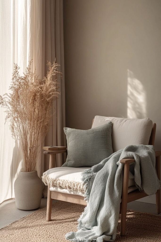 Neutral-toned reading nook with a light wood armchair, sage green pillow and throw, styled beside a large vase of dried grasses.